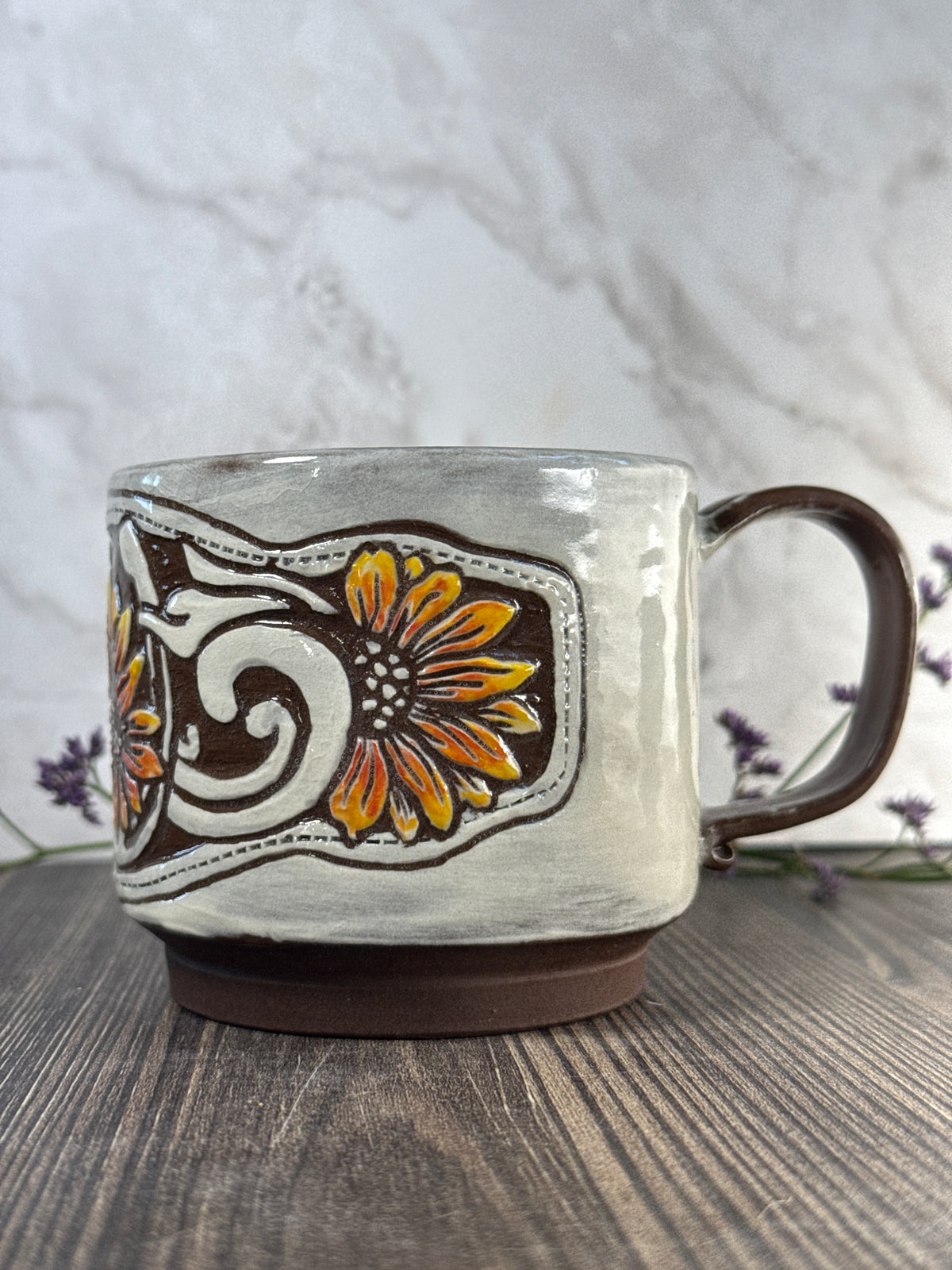 Painted Sunflower Leather Carved Mug