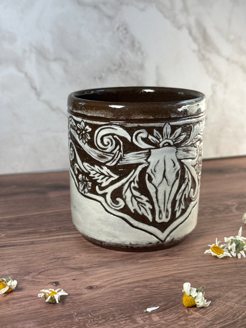 Longhorn Leather Carved Mug 4