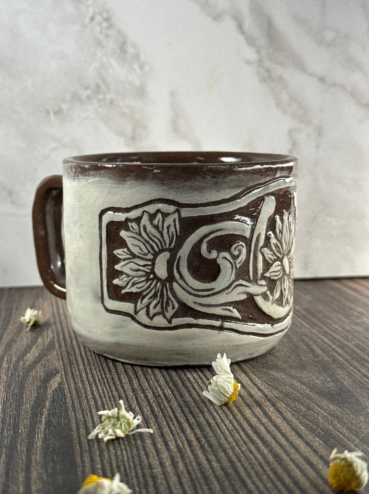 Sunflower Leather Carved Mug