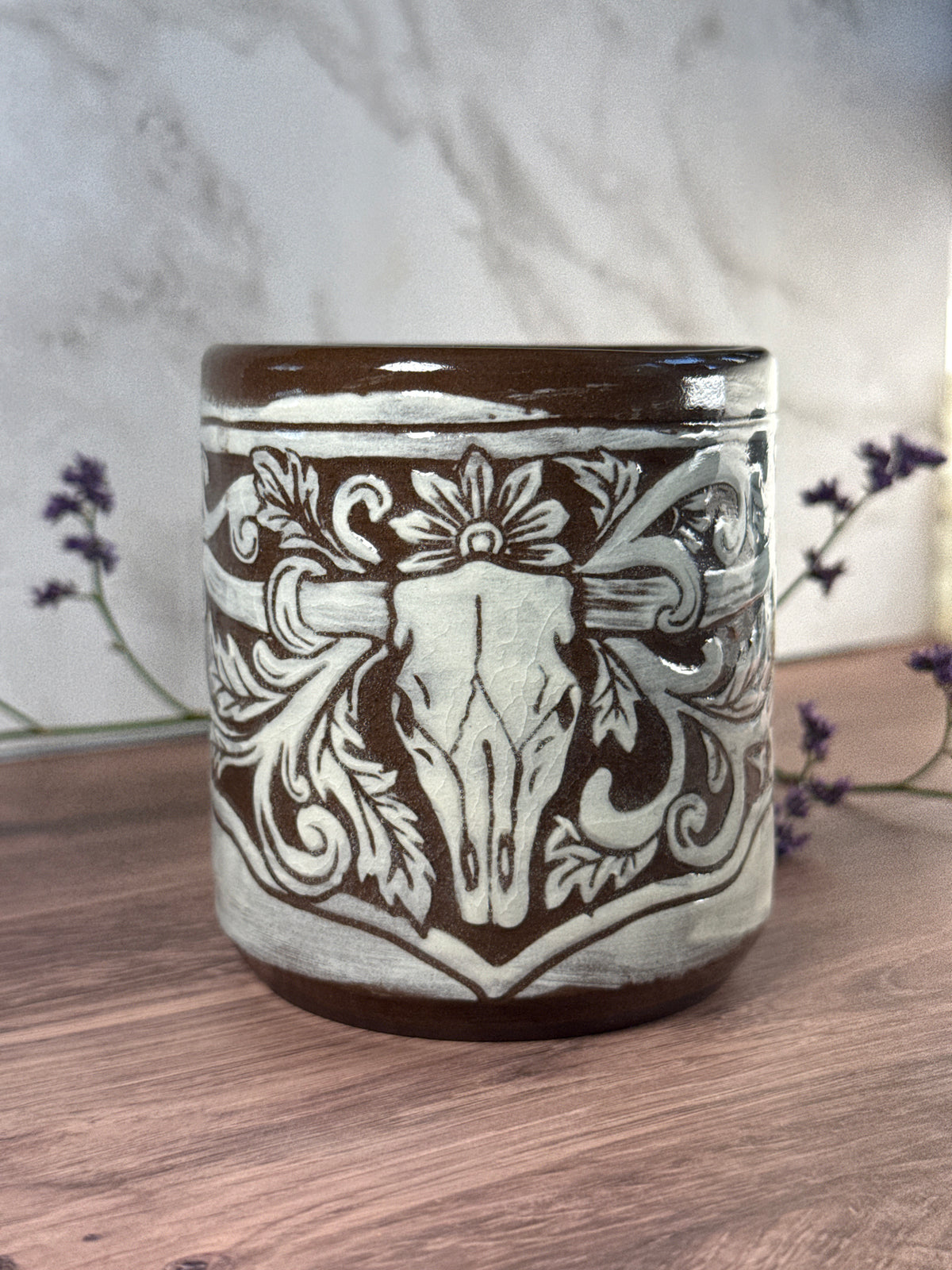 Longhorn Leather Carved Mug 2