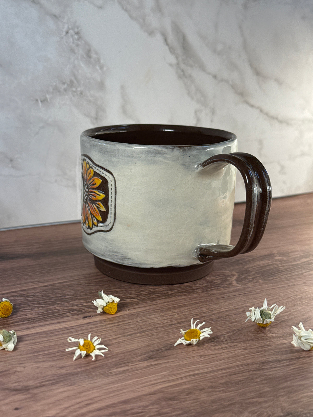 Painted Sunflower Leather Carved Mug
