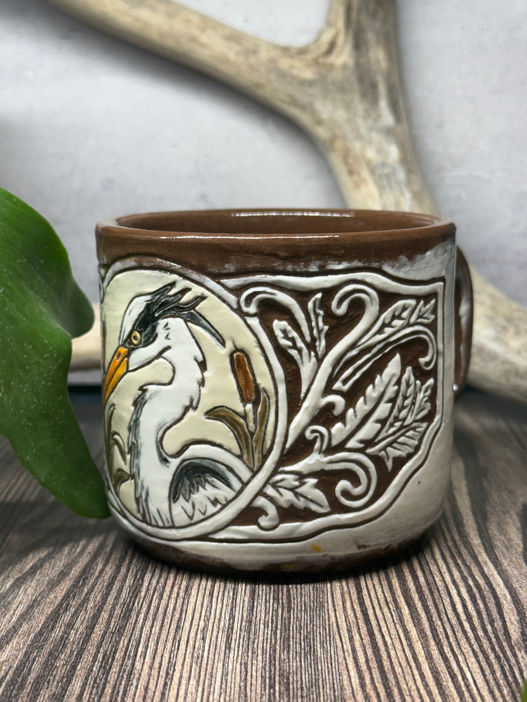 Painted Heron - Leather Carved Border