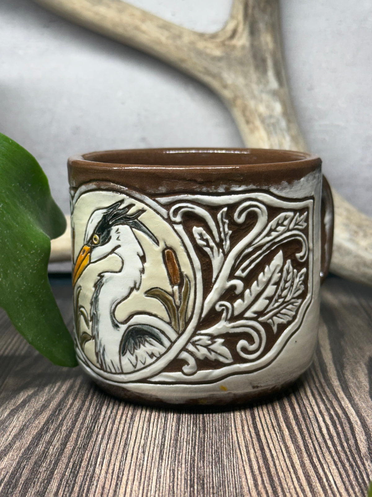 Painted Heron - Leather Carved Border