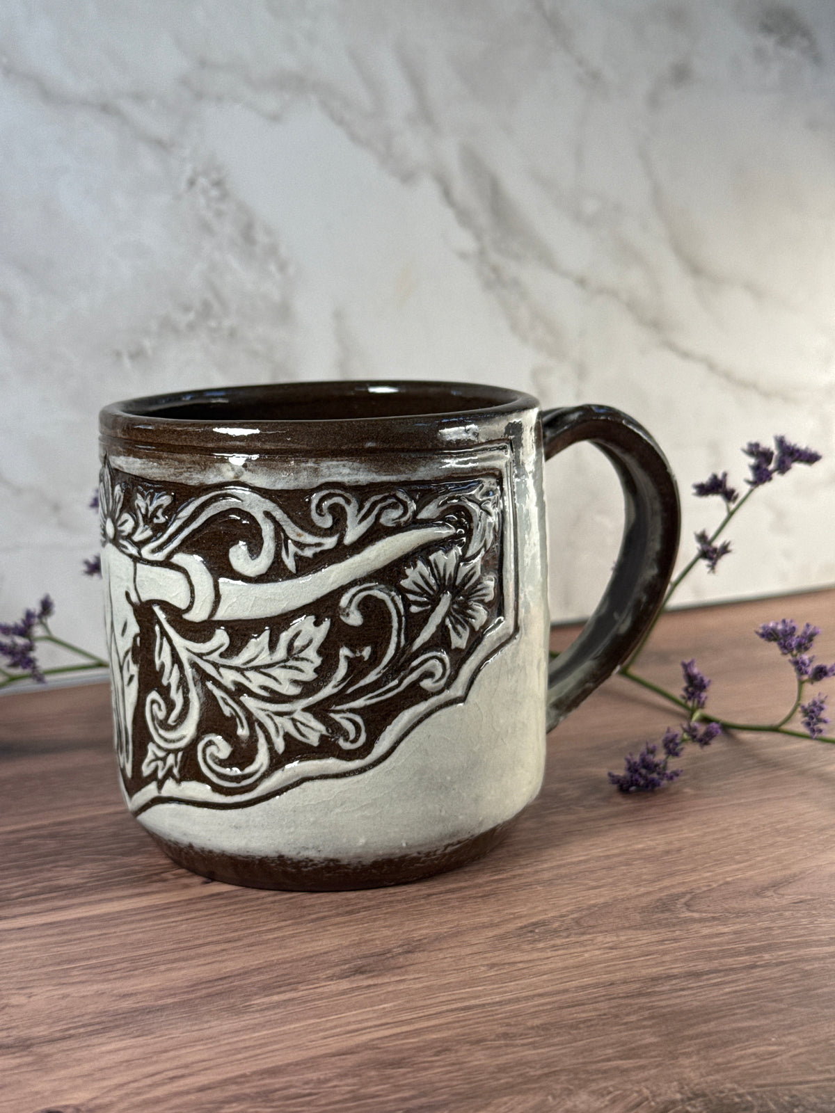 Longhorn Leather Carved Mug 3