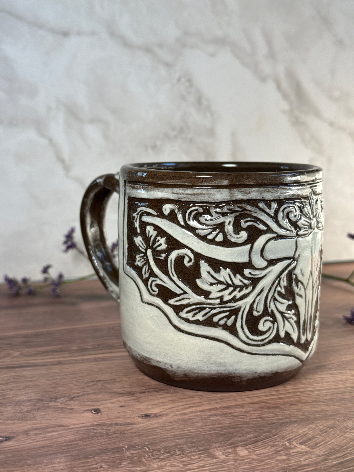 Longhorn Leather Carved Mug 3