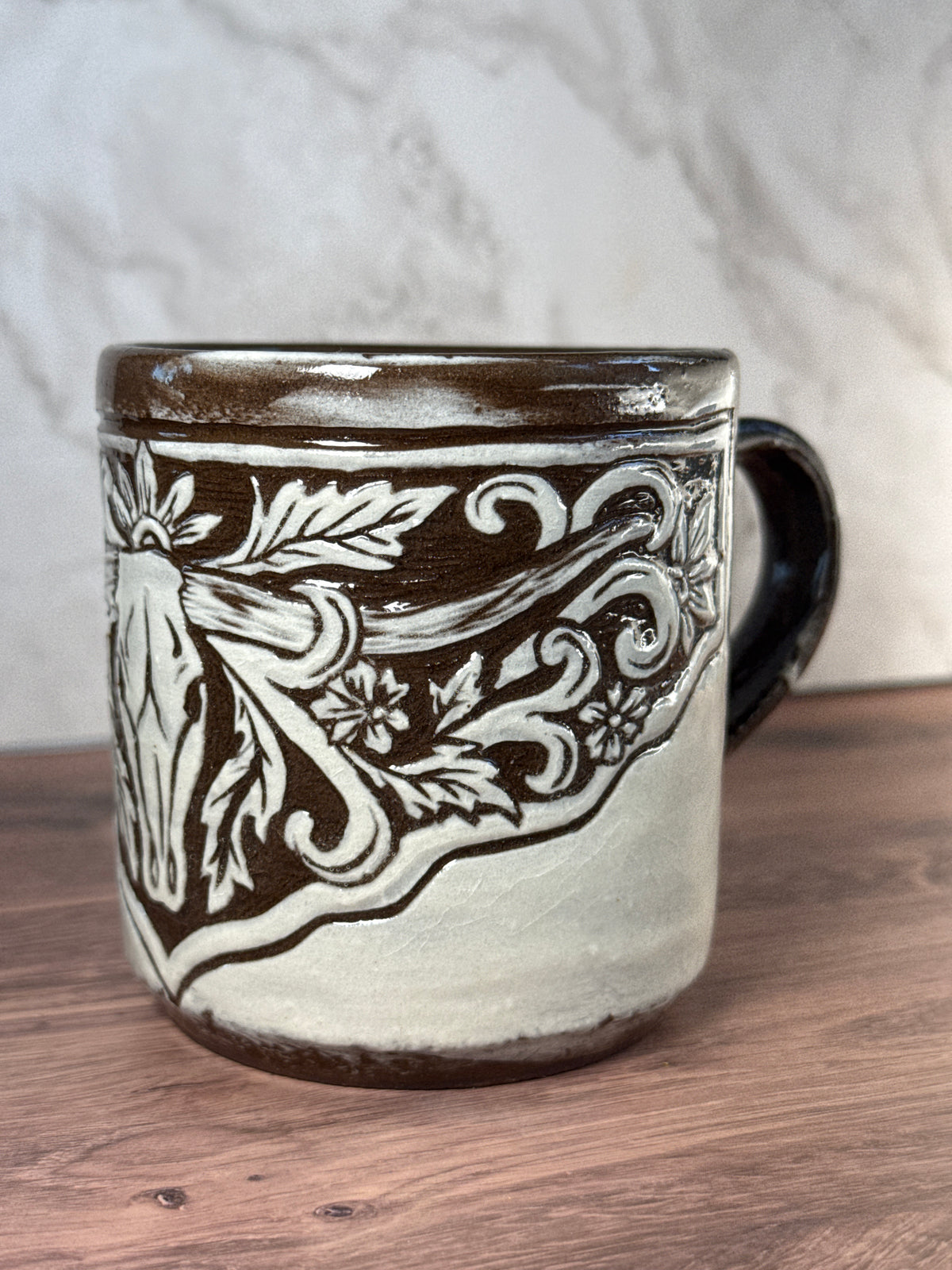 Longhorn Leather Carved Mug 4