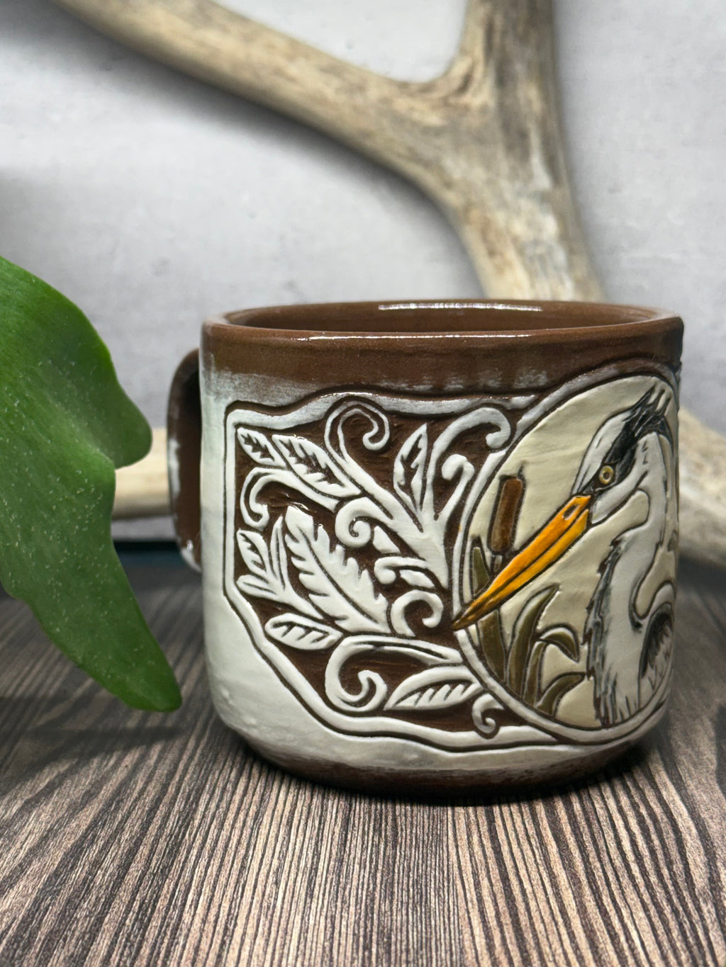 Painted Heron - Leather Carved Border
