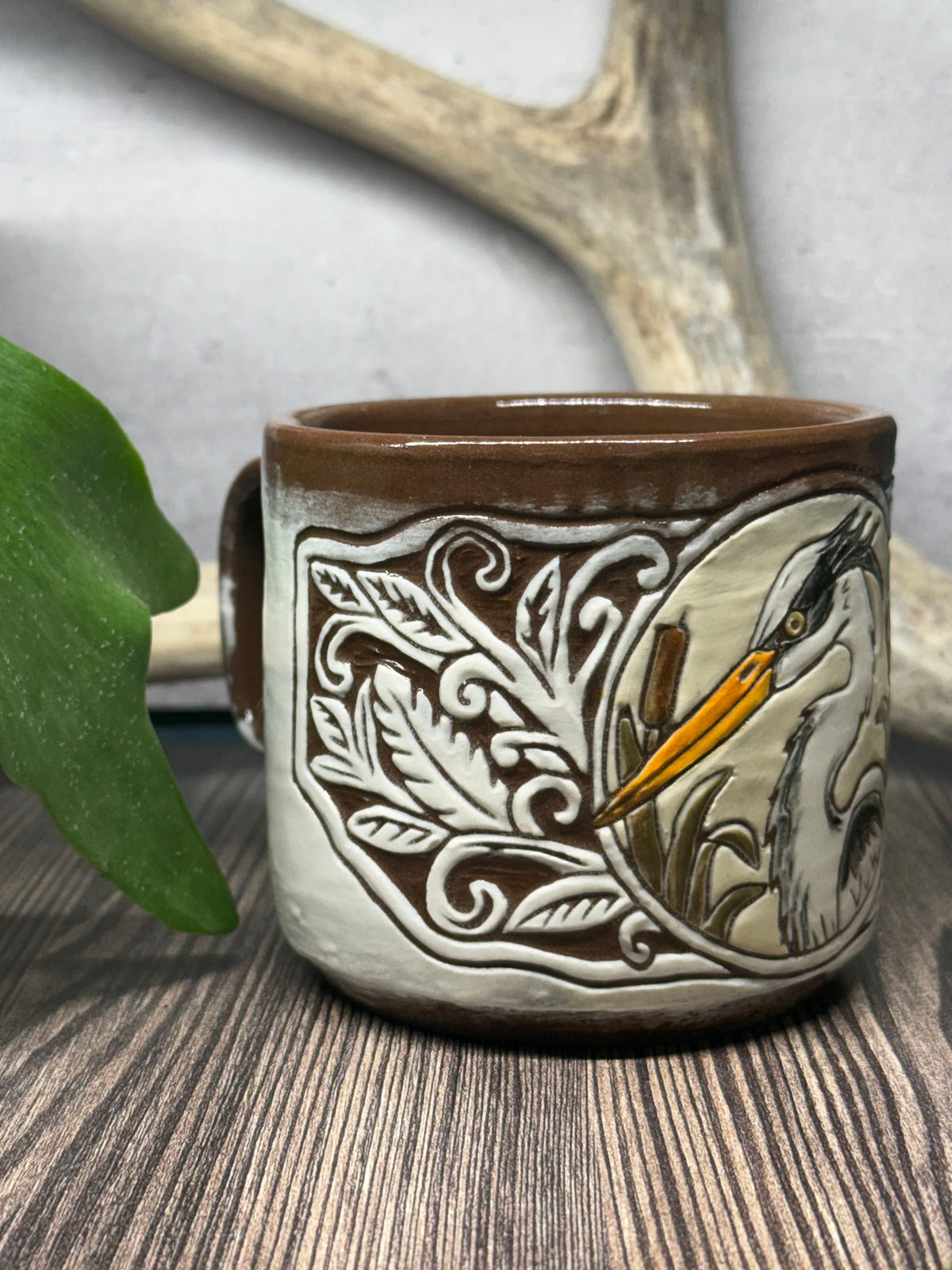 Painted Heron - Leather Carved Border