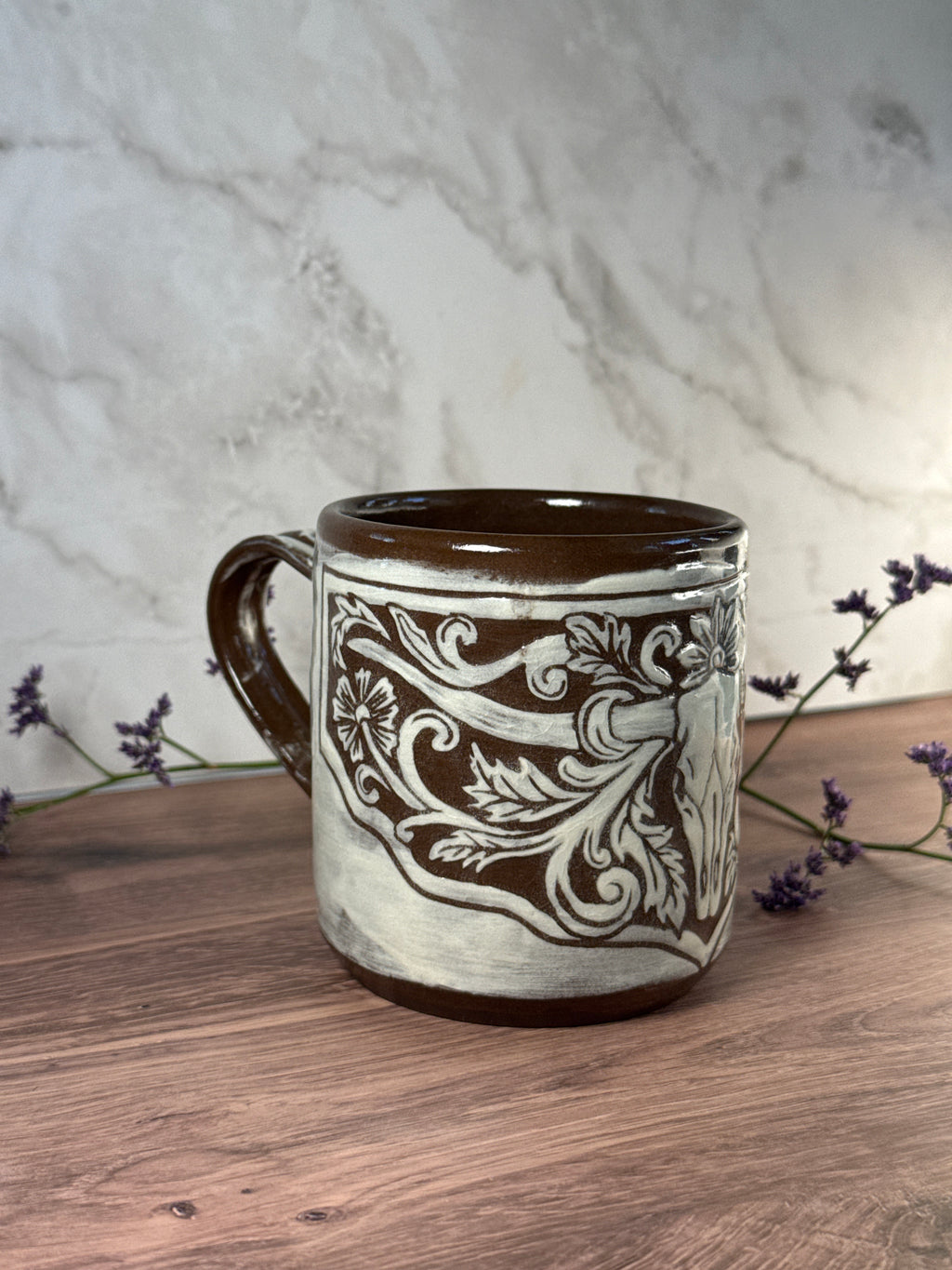 Longhorn Leather Carved Mug 2