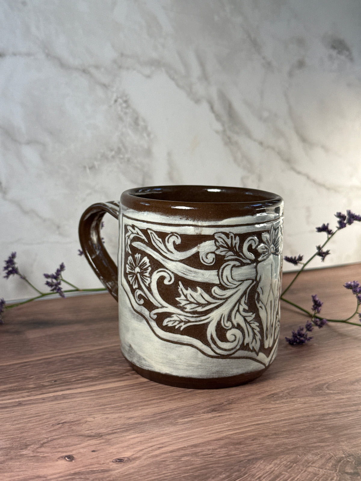 Longhorn Leather Carved Mug 2