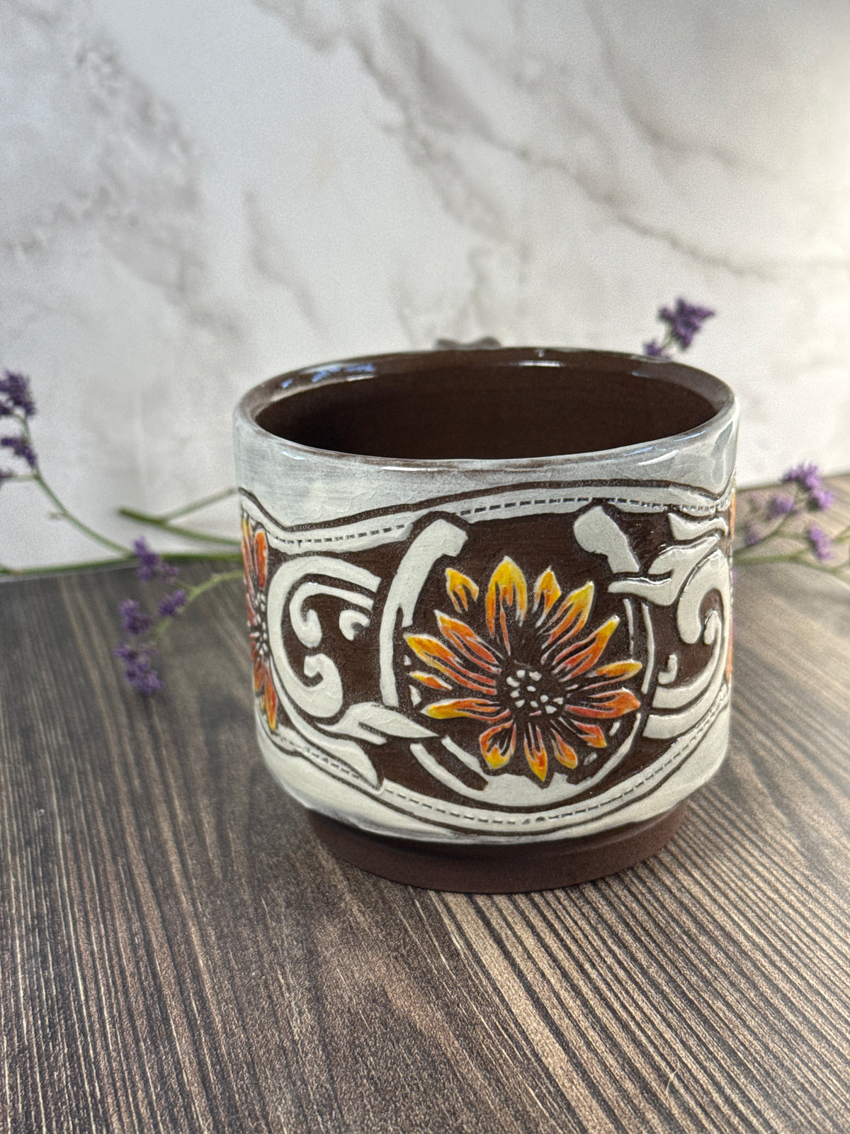 Painted Sunflower Leather Carved Mug