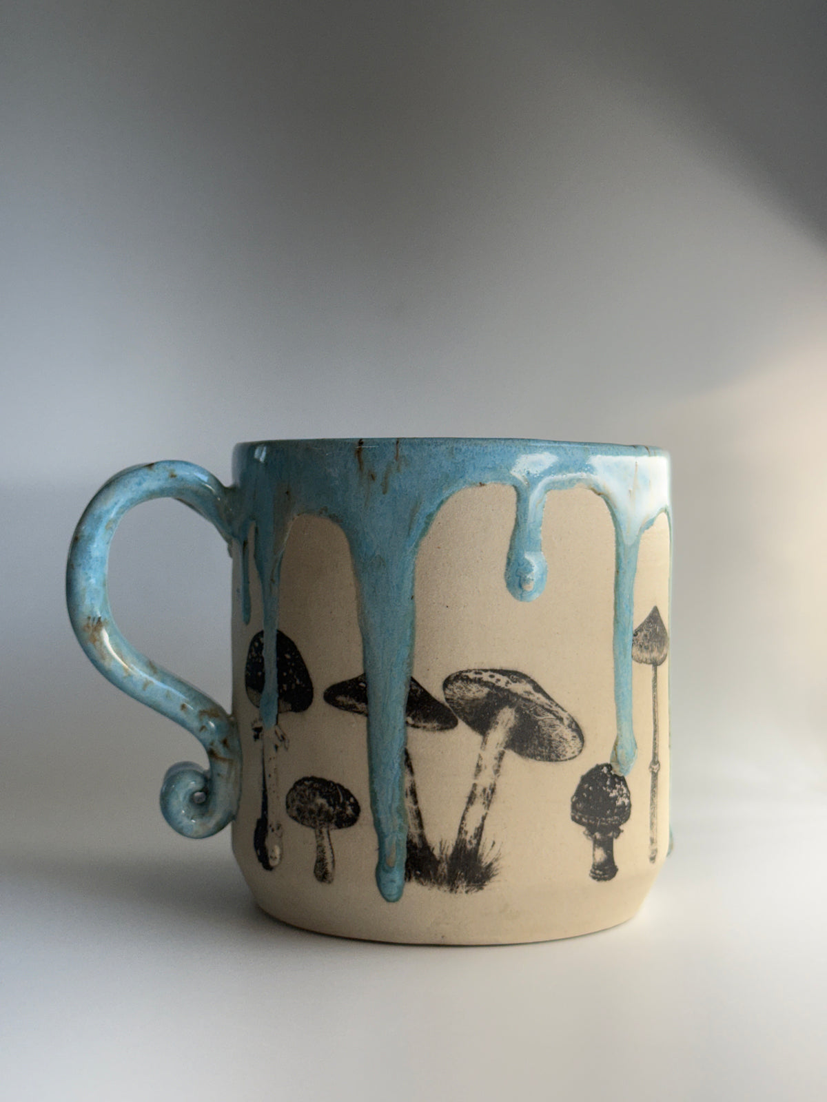Mushroom Mug Blue with Glazed Handle