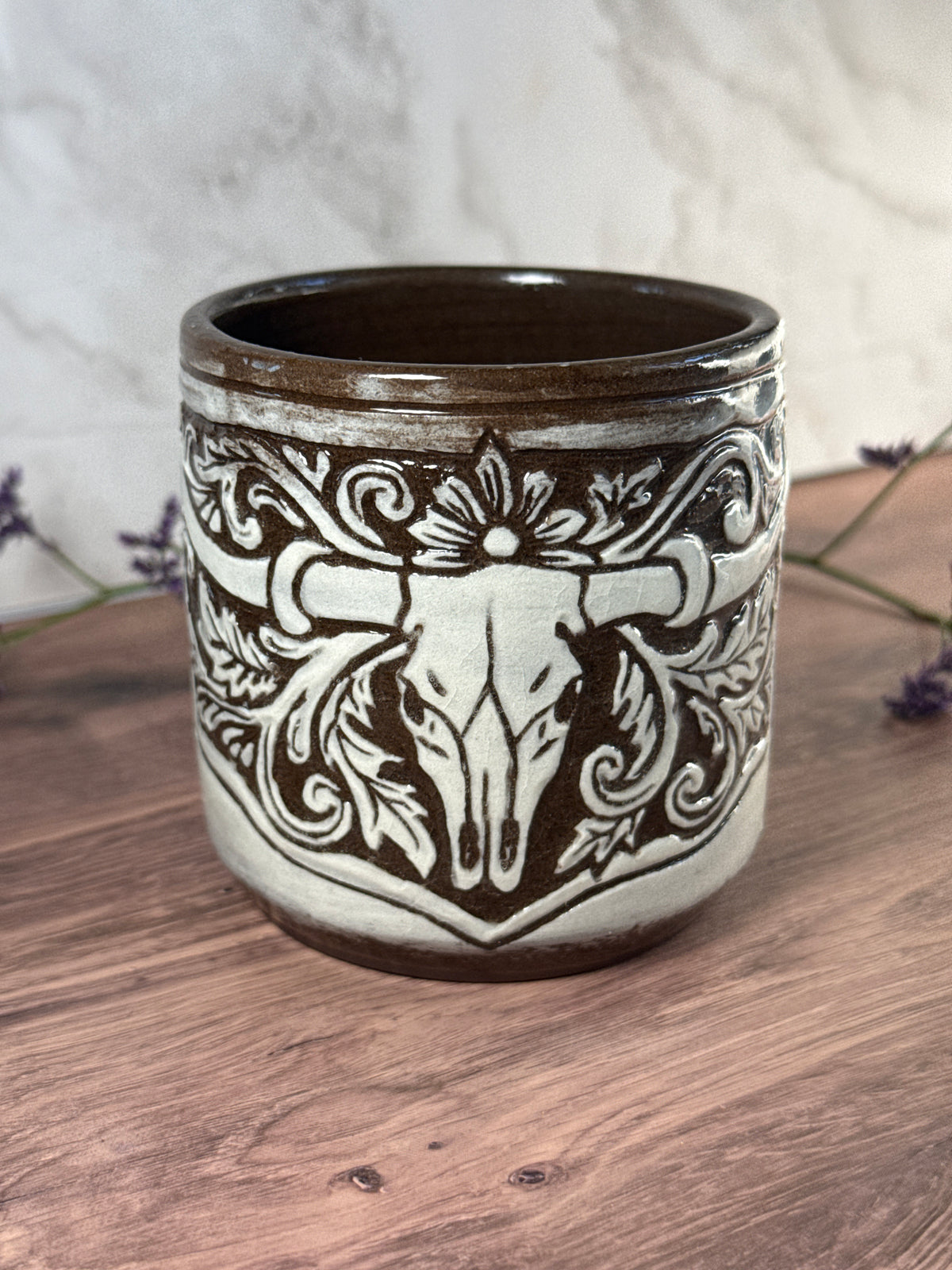 Longhorn Leather Carved Mug 3