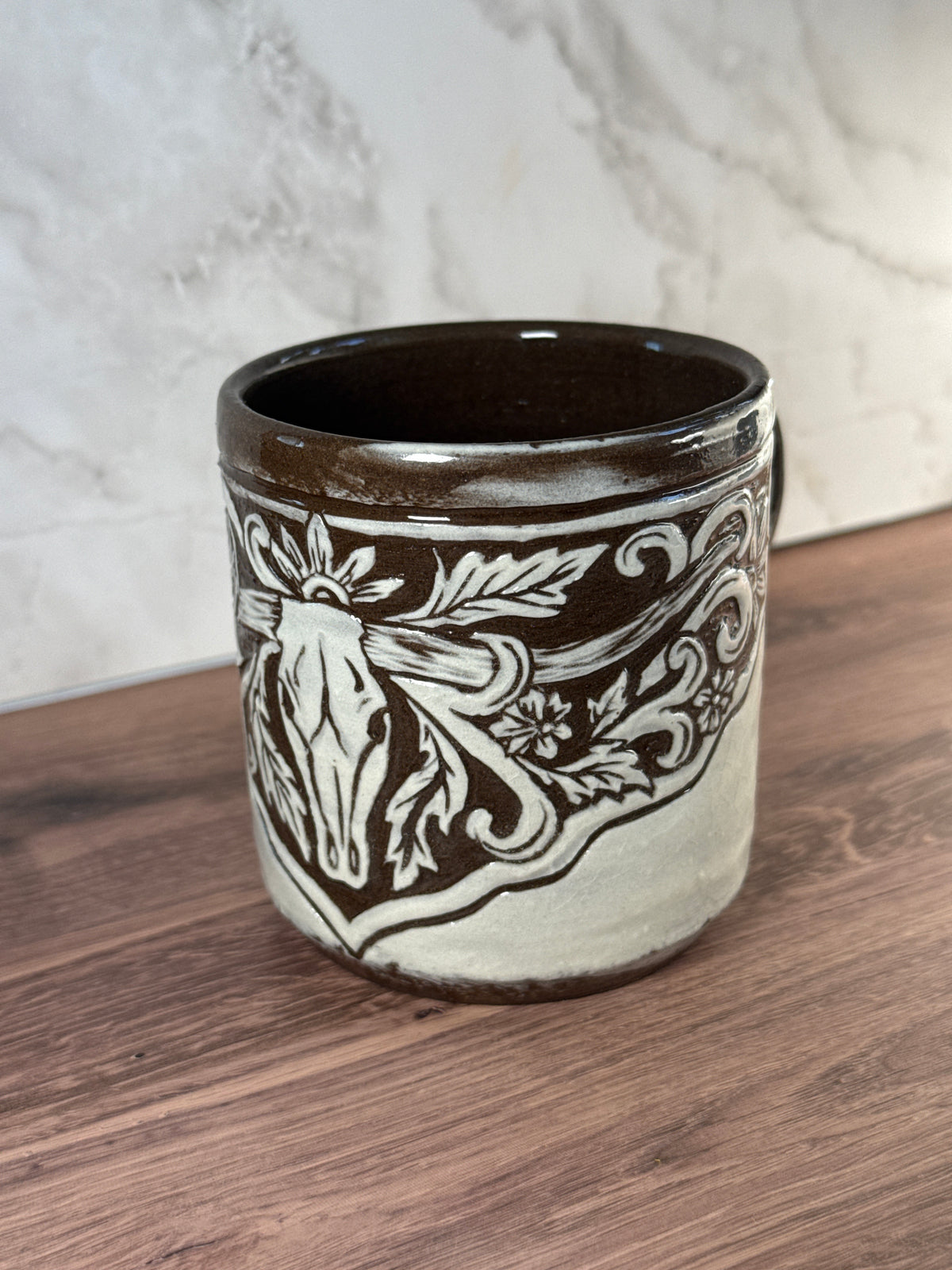Longhorn Leather Carved Mug 4