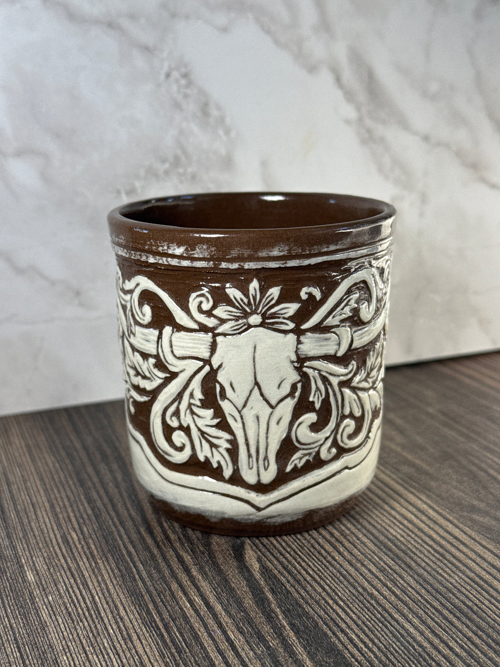 Seconds: Longhorn Leather Carved Mug 1