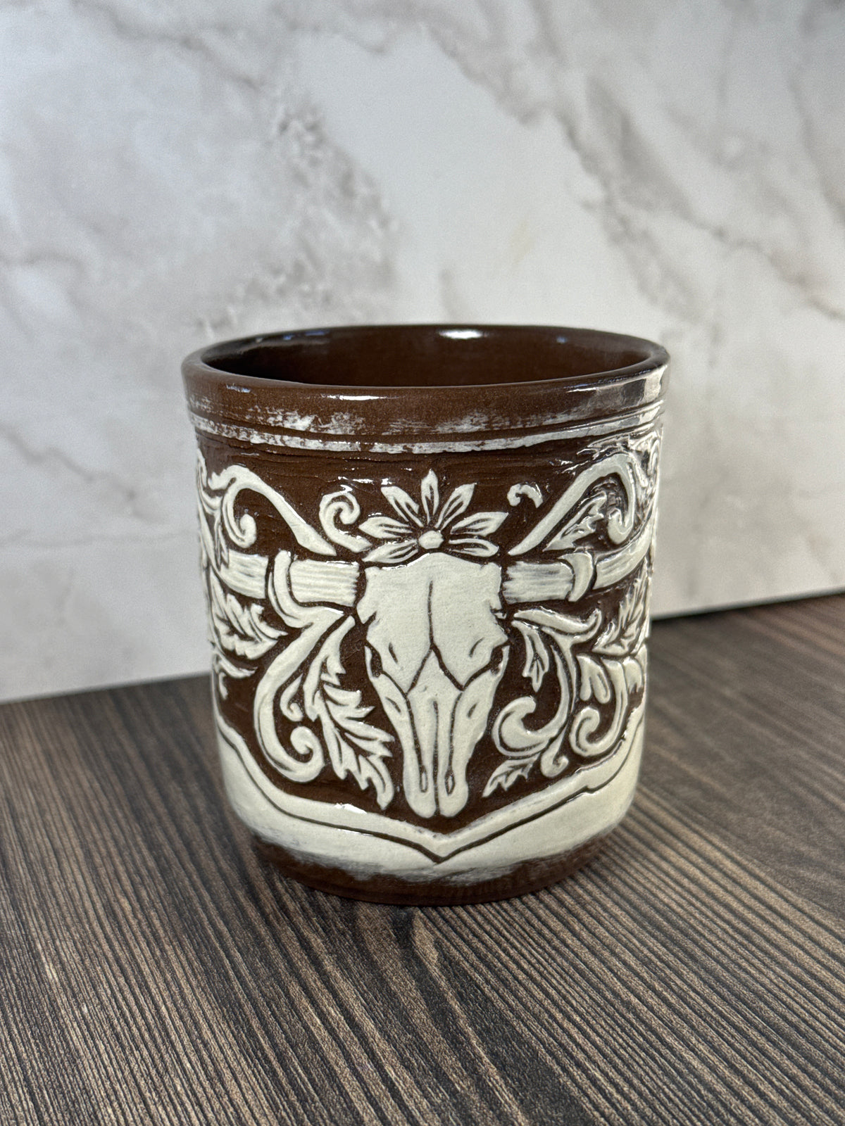 Seconds: Longhorn Leather Carved Mug 1