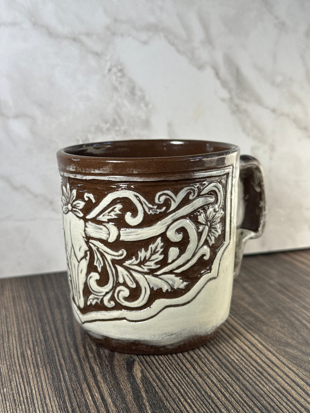 Seconds: Longhorn Leather Carved Mug 1