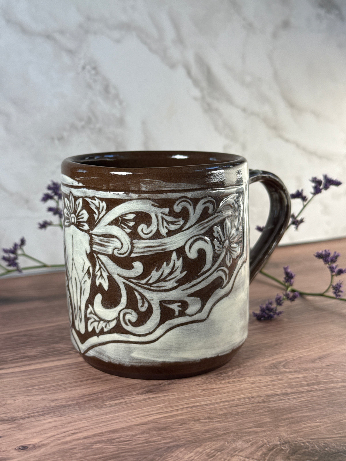 Longhorn Leather Carved Mug 2