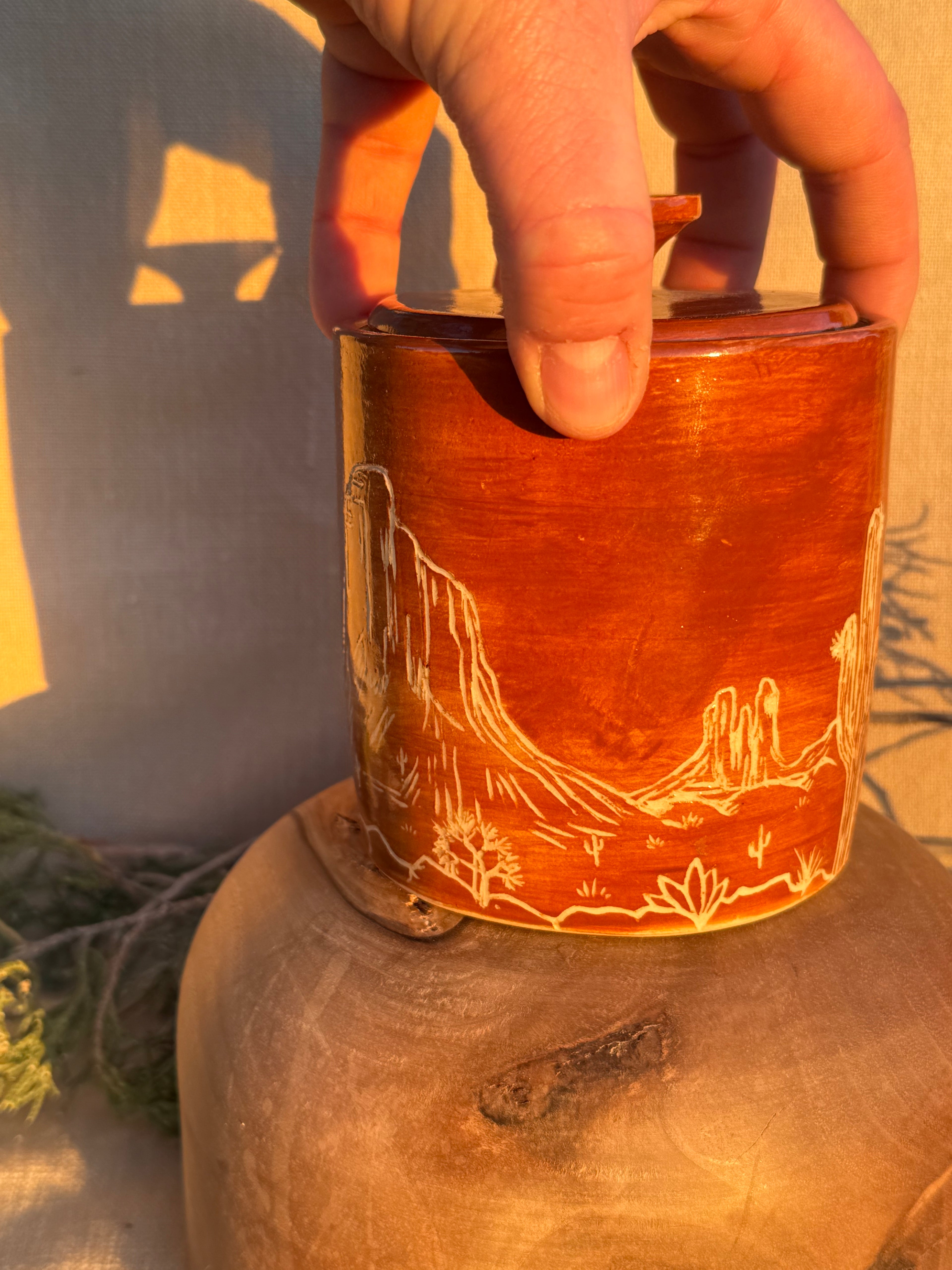 Desert Scene Sgraffito Jar